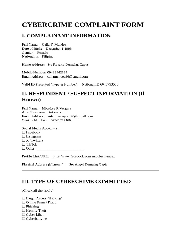 Camille Cybercrime Complaint Form | PDF