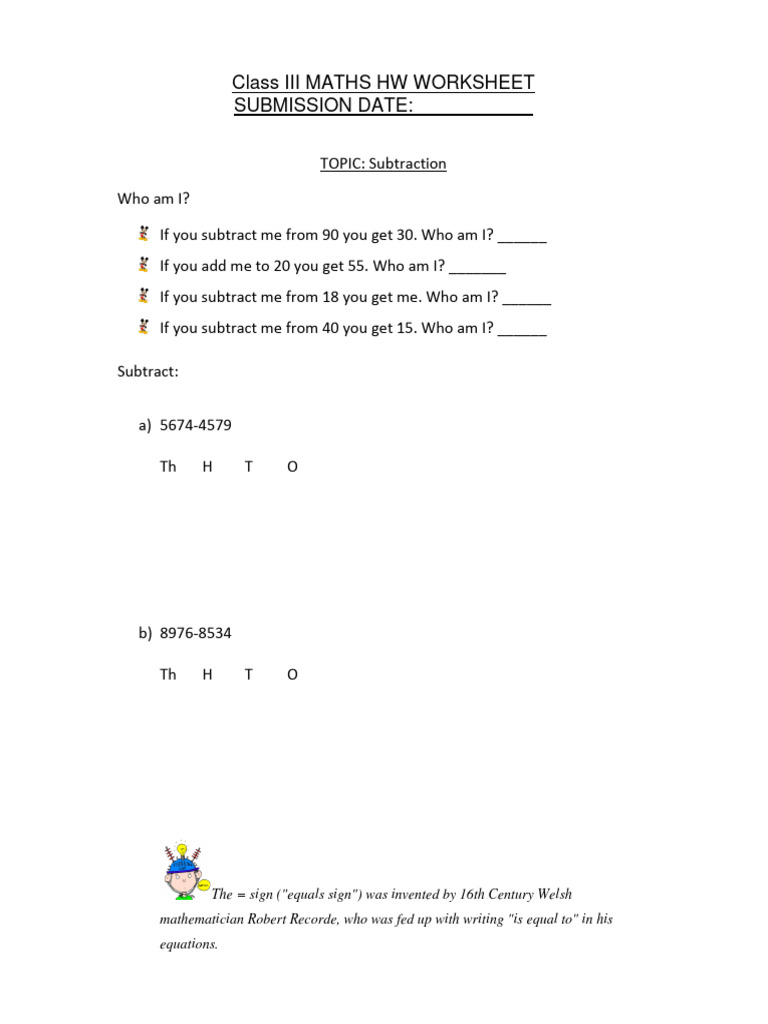 CBSE Class 3 Mathematics Worksheet (35) - Subtraction | PDF