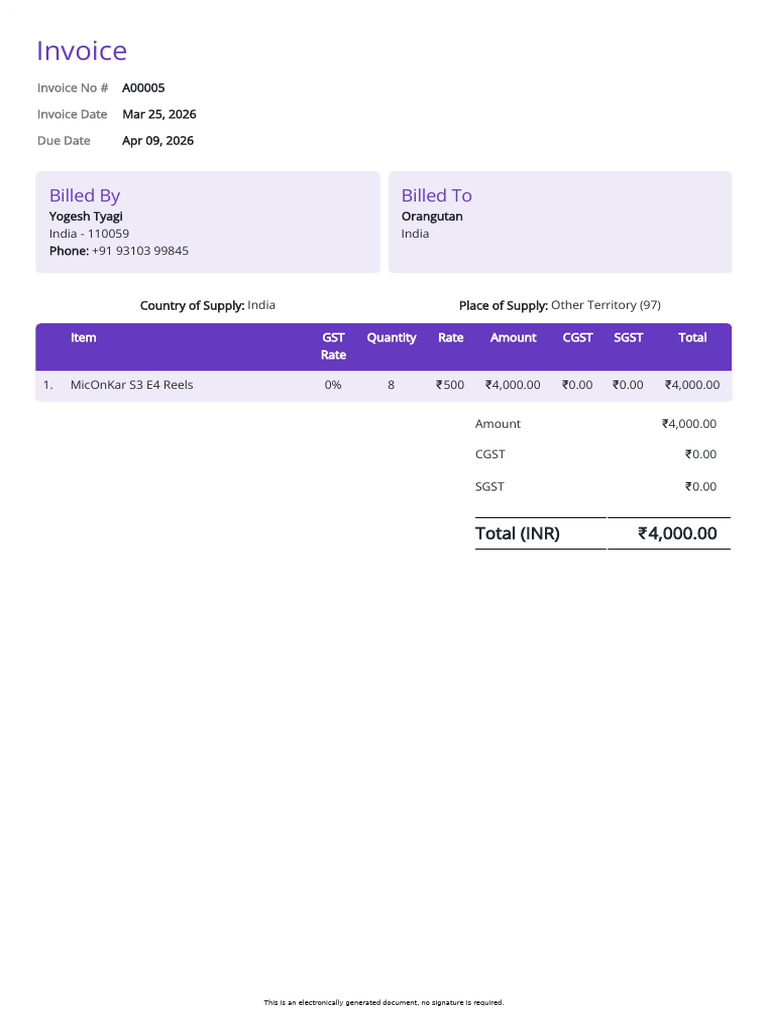 Invoice A00005 Yogesh Tyagi Orangutan | PDF