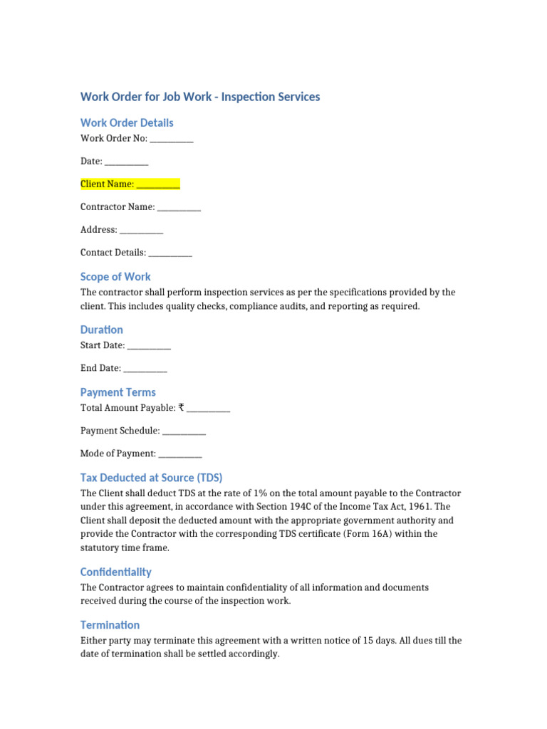 Job Work Inspection Work Order | PDF