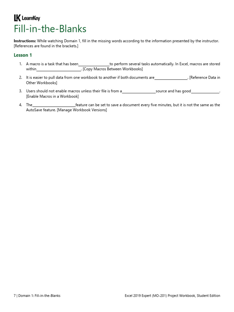 Excel - 2019 - Expert - D1 - L1 - Projects - Fill in | PDF | Microsoft ...
