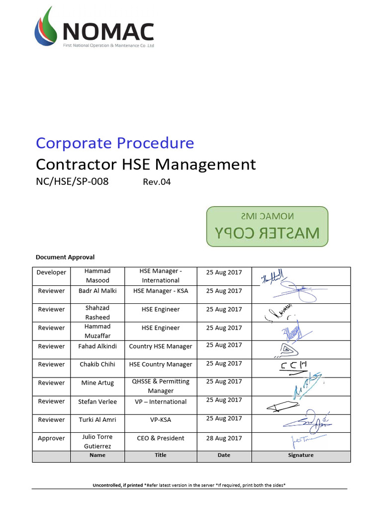 NCHSESP-008 Contractor HSE Management | PDF | Employment | Personal ...