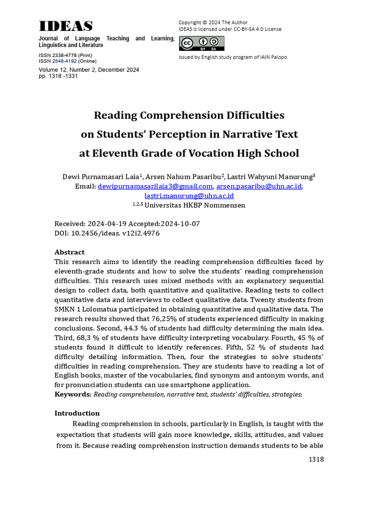 2.1.4 Reading Comprehension Difficulties On Students' Perception in ...