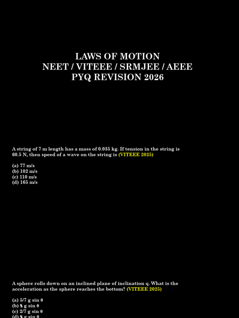 Laws of Motion Neet / Viteee / Srmjee / Aeee Pyq Revision 2026 | PDF