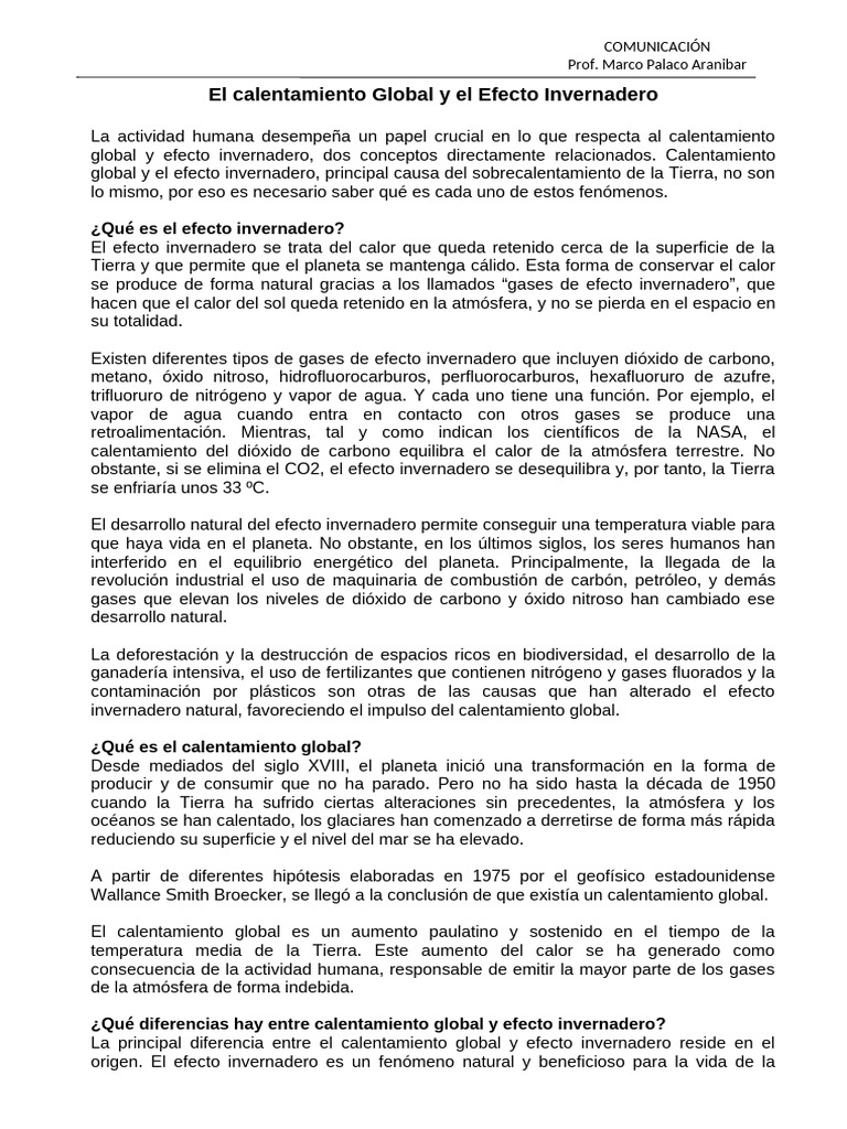 El Calentamiento Global y El Efecto Invernadero | PDF | Gases de efecto ...