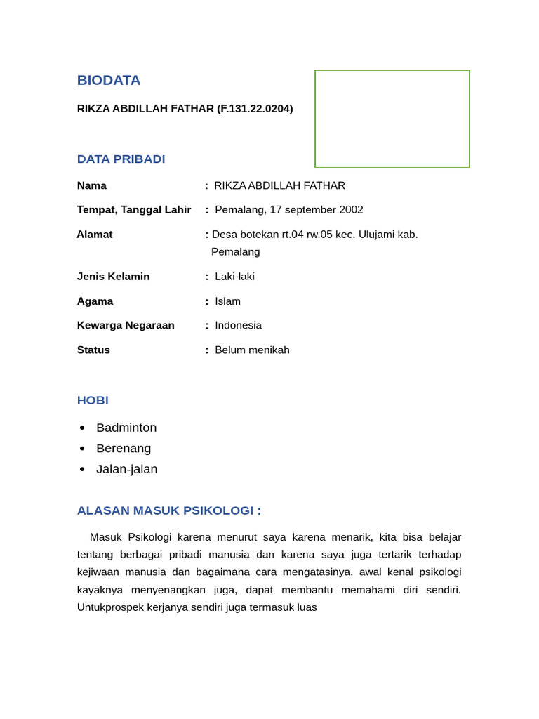Biodata Rikza Abdillah Fathar (f.131.22.0204) | PDF