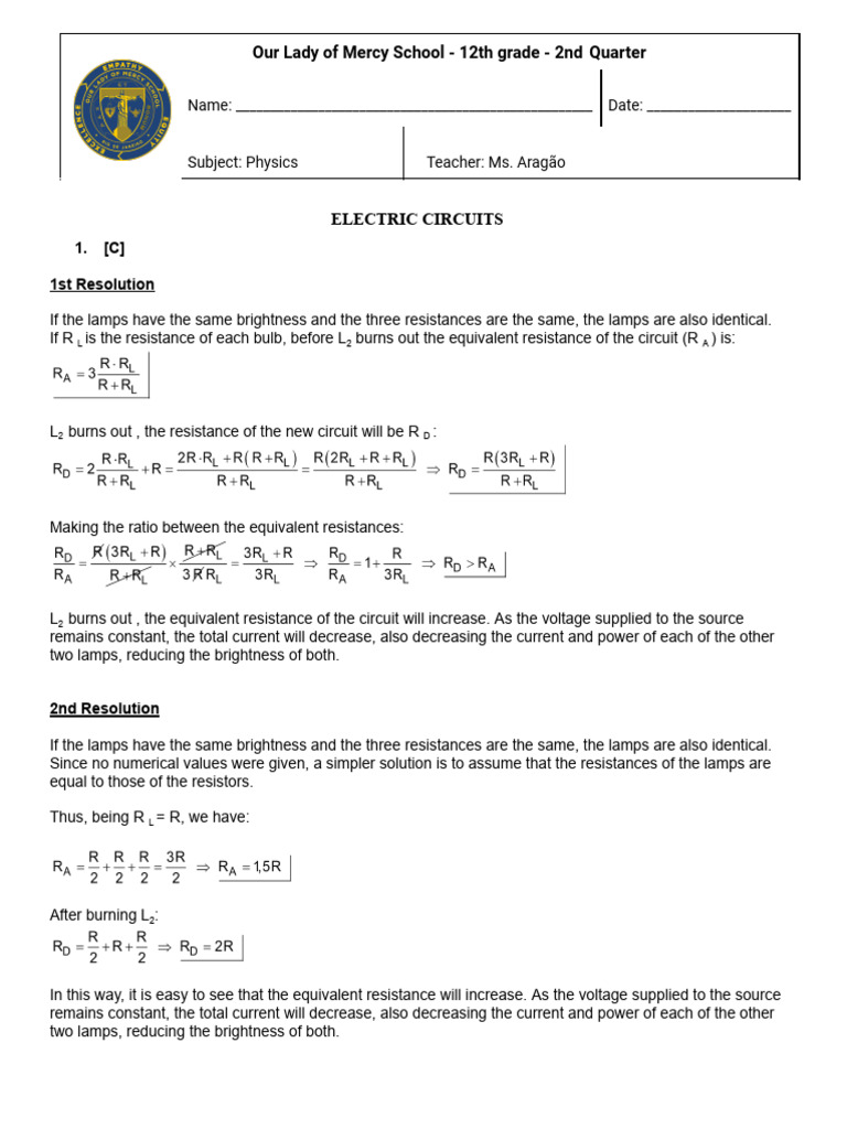 Electric Circuits - Vestibulares - Answer Key | PDF | Electrical ...
