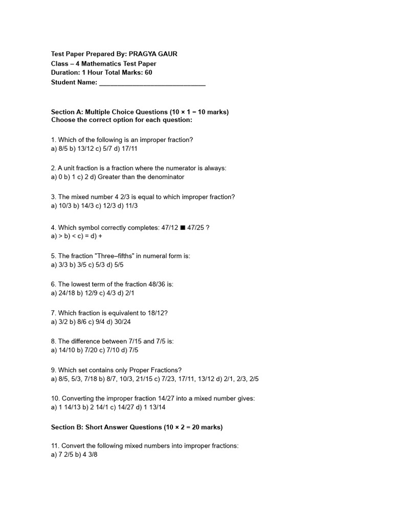 Test Paper of Fractions | PDF | Mathematics | Arithmetic