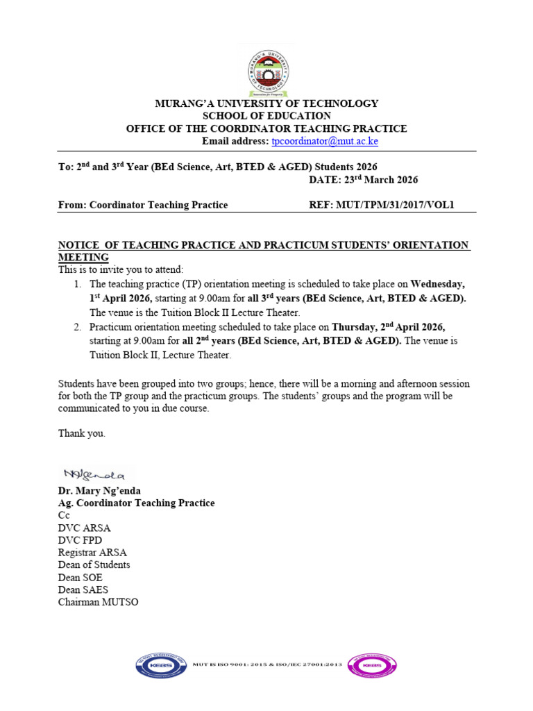 Notice For Students On TP - Practicum Orientation Meeting April 2026 | PDF