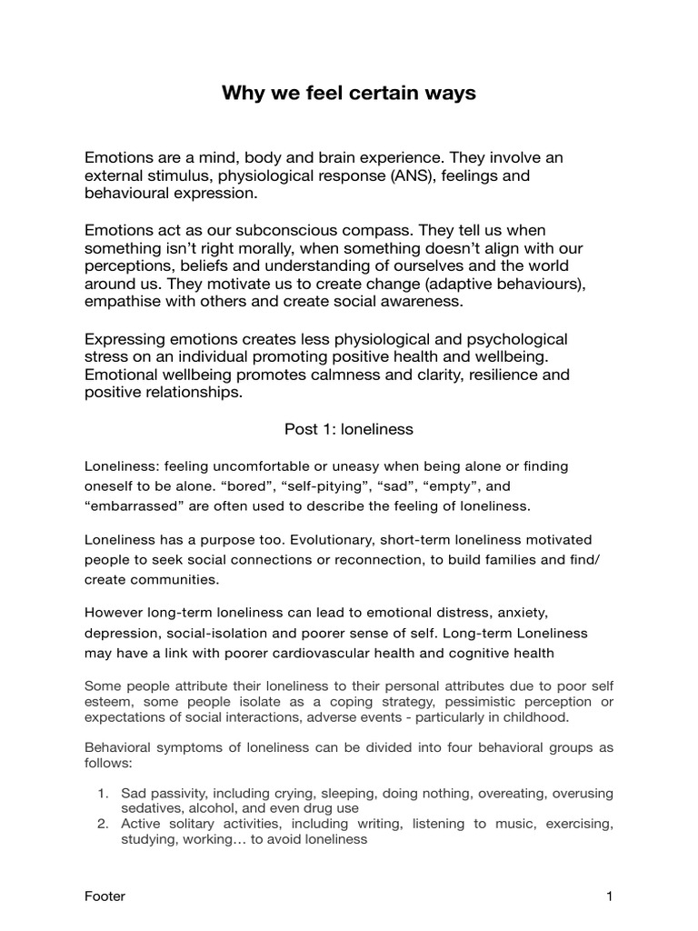 Feelings, Emotions and Actions | PDF | Anger | Loneliness