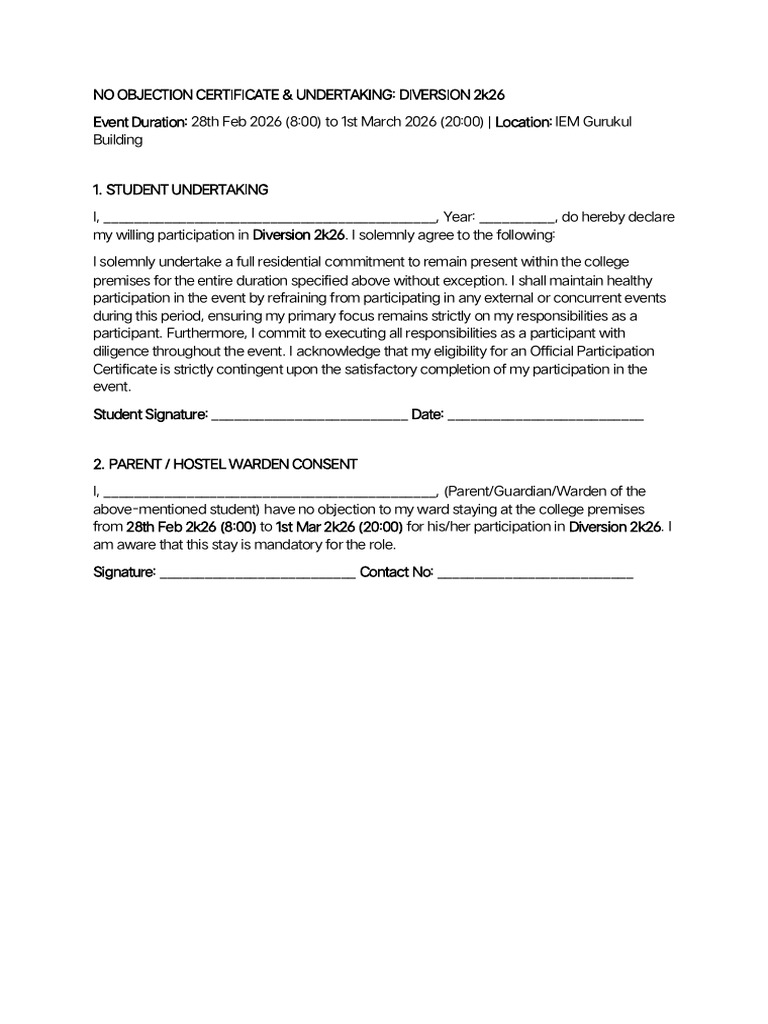 No Objection Certificate Diversion 2k26 Participants | PDF