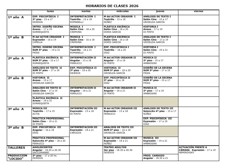Horarios de Clases 2026 | PDF