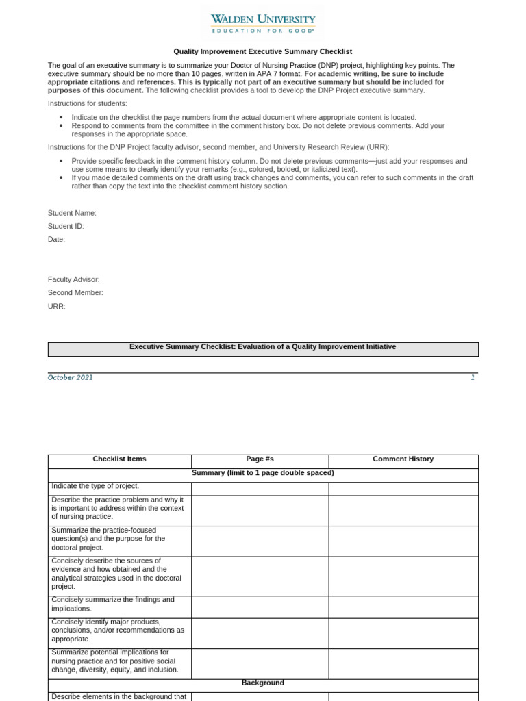 Quality Improvement Executive Summary Checklist - Final | PDF | Evaluation