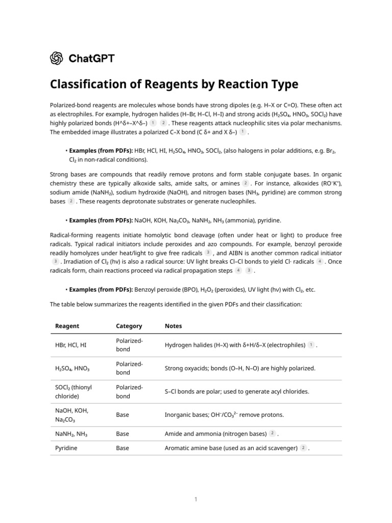 Classification of Reagents by Reaction Type | PDF | Chlorine | Chemical ...