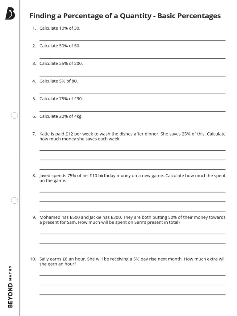 Finding A Percentage of A Quantity - Basic Percentages Worksheet | PDF