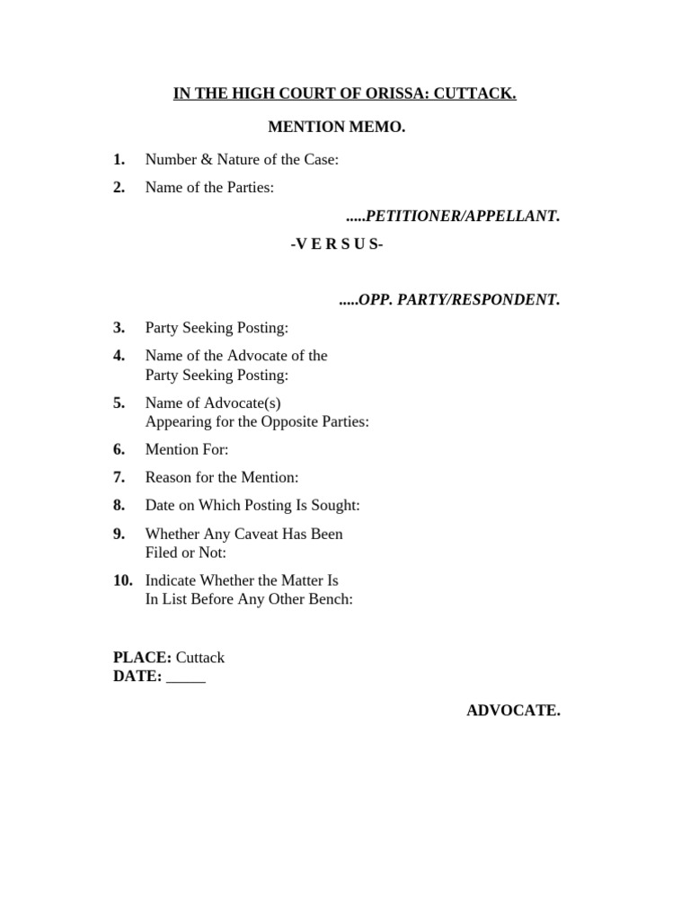 In The High Court of Orissa: Cuttack. Mention Memo. 1. 2 ...
