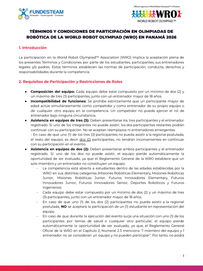 WRO Panama 2026 - Terminos y Condiciones - Ver. 06032026 | PDF