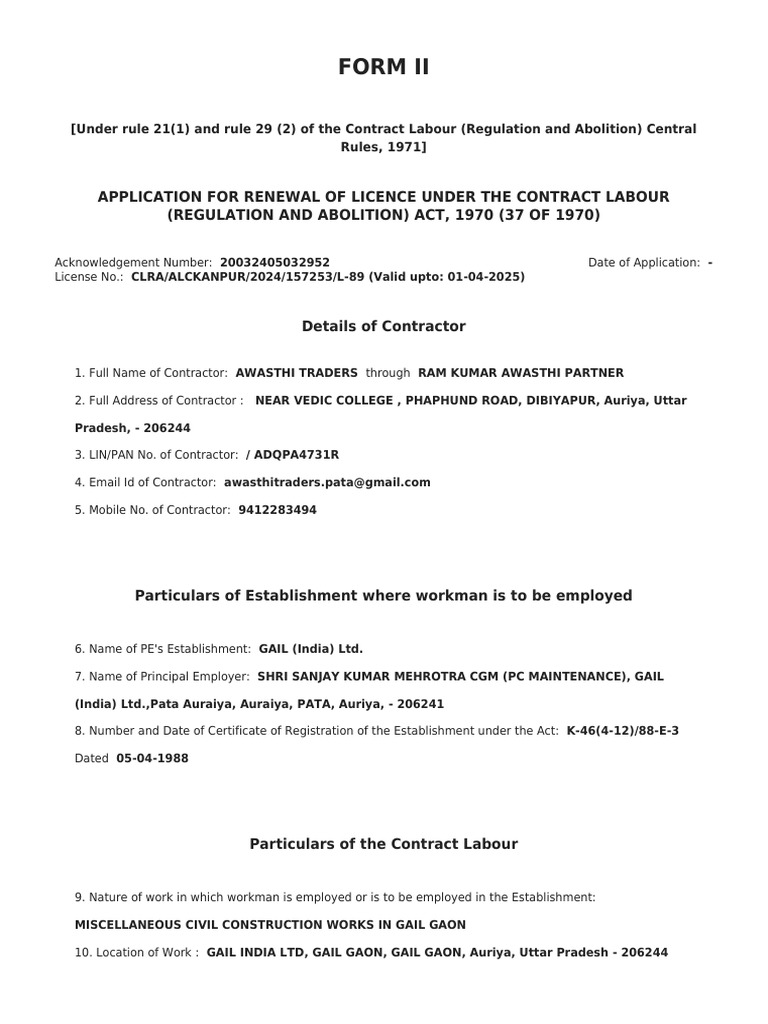 Form Ii: Application For Renewal of Licence Under The Contract Labour ...