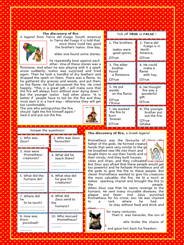 Legends About The Discovery of Fire Key Included Reading Comprehension ...