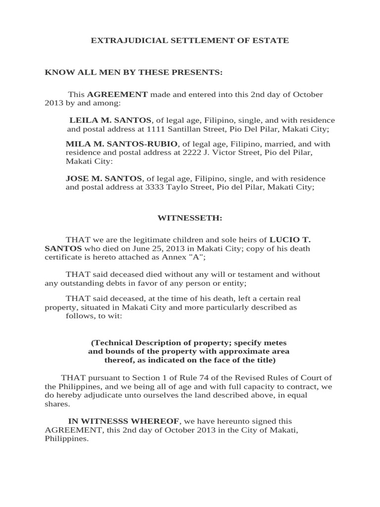 Extrajudicial Settlement of Estate (Sample) | PDF | Justice | Crime ...