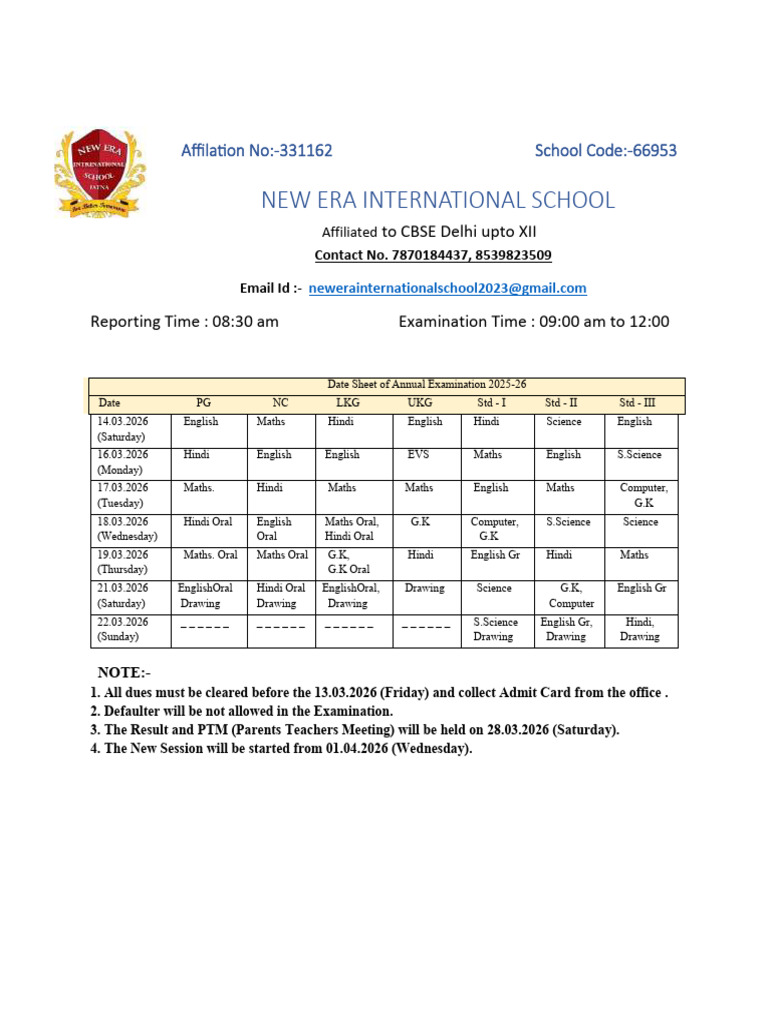 Date Sheet of Annual Examination 2025-26-1 | PDF