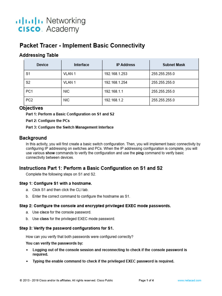 2.7.6 Packet Tracer Implement Basic Connectivity | PDF | Ip Address ...