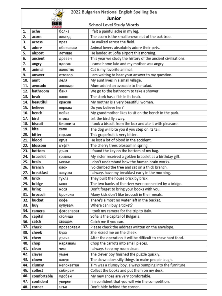 2022 Spelling Bee Junior Study Word List - Final | PDF