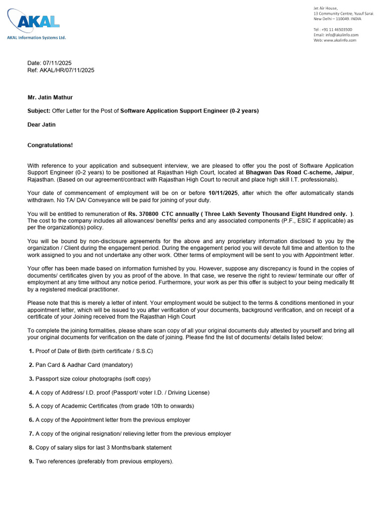 Offer Letter Jatin | PDF | Identity Document