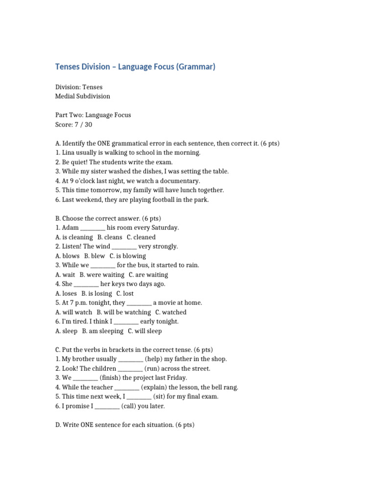 Tenses Grammar Worksheet-1 | PDF | Grammatical Tense | Language Mechanics
