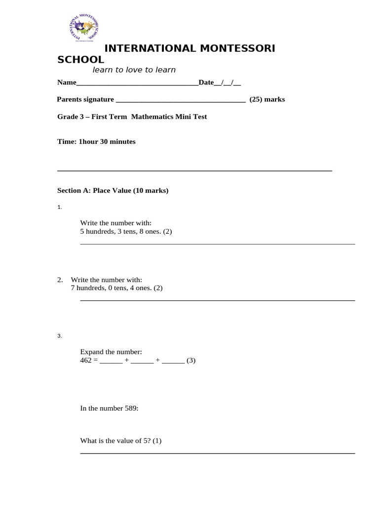 Mathematics Mini Test First Term FINAL | PDF