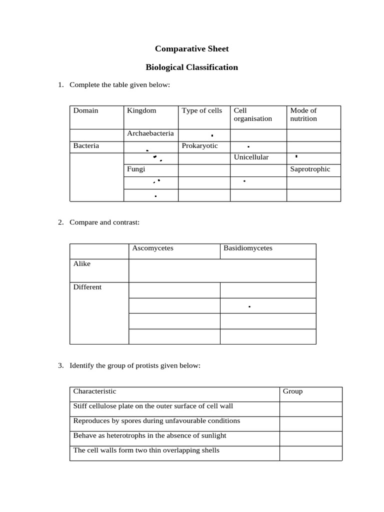 Comparative Sheet Biological Classification 1 | PDF