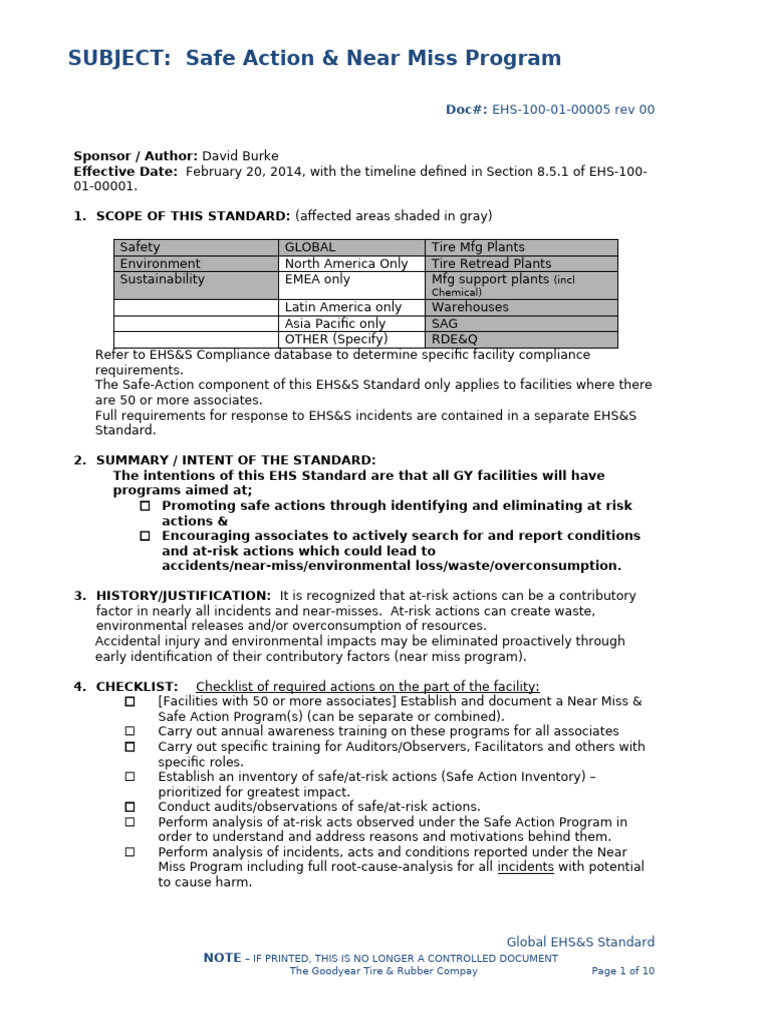 EHS-100!01!00005 Safe Action Near Miss Program | PDF | Audit | Safety