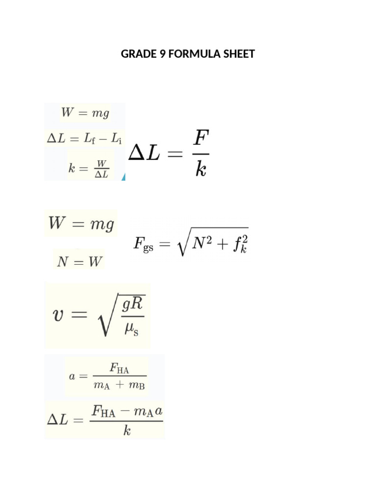 Grade 9 Formula Sheet | PDF