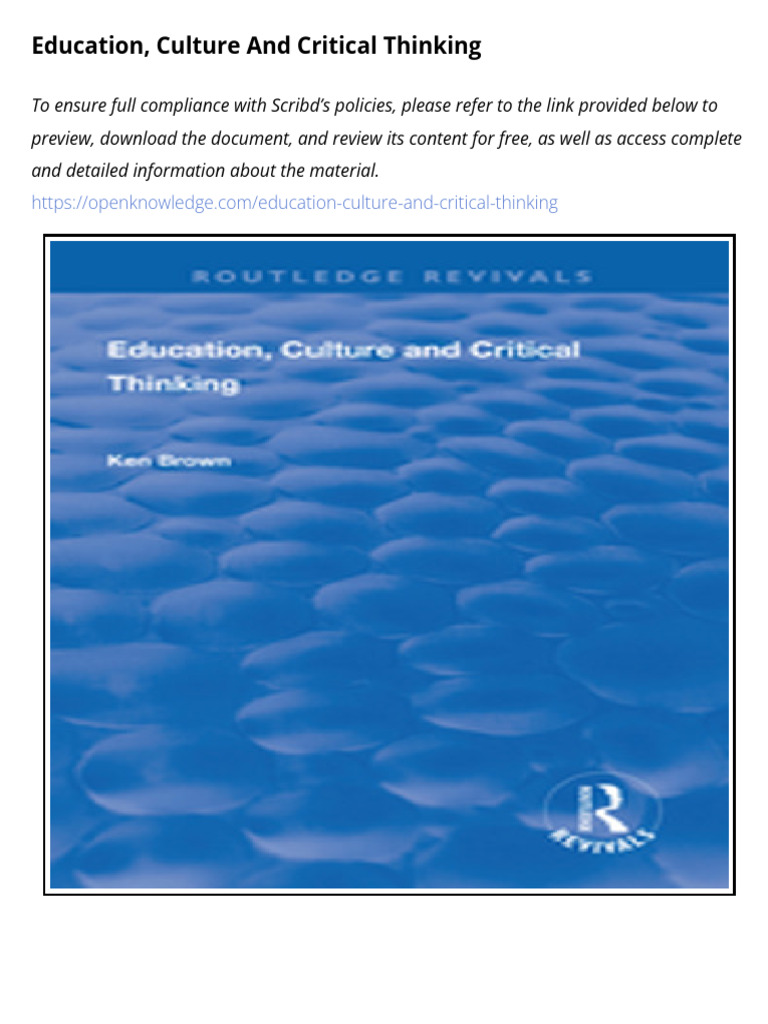 Education Culture and Critical Thinking | PDF