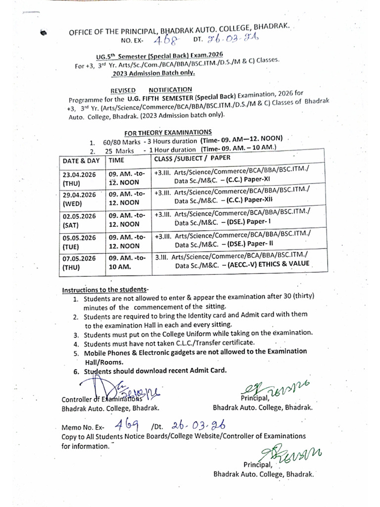 Revised UG 5th Semester Special Exam Program | PDF