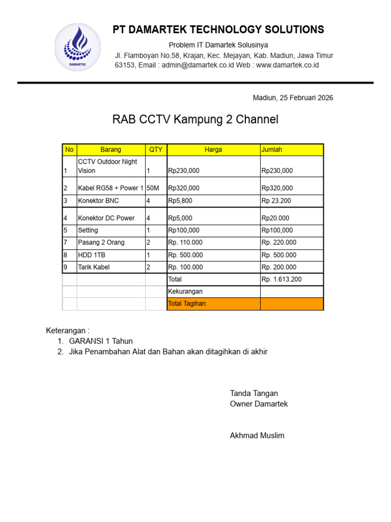 Nota RAB CCTV Kampung | PDF