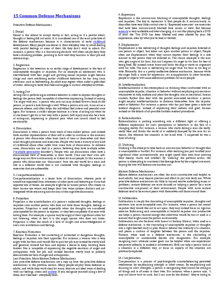Defense Mechanisms List