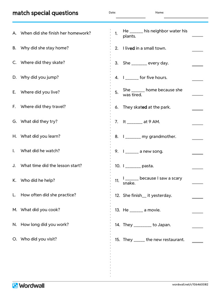 Match Special Questions Match Up Write The Answer | PDF
