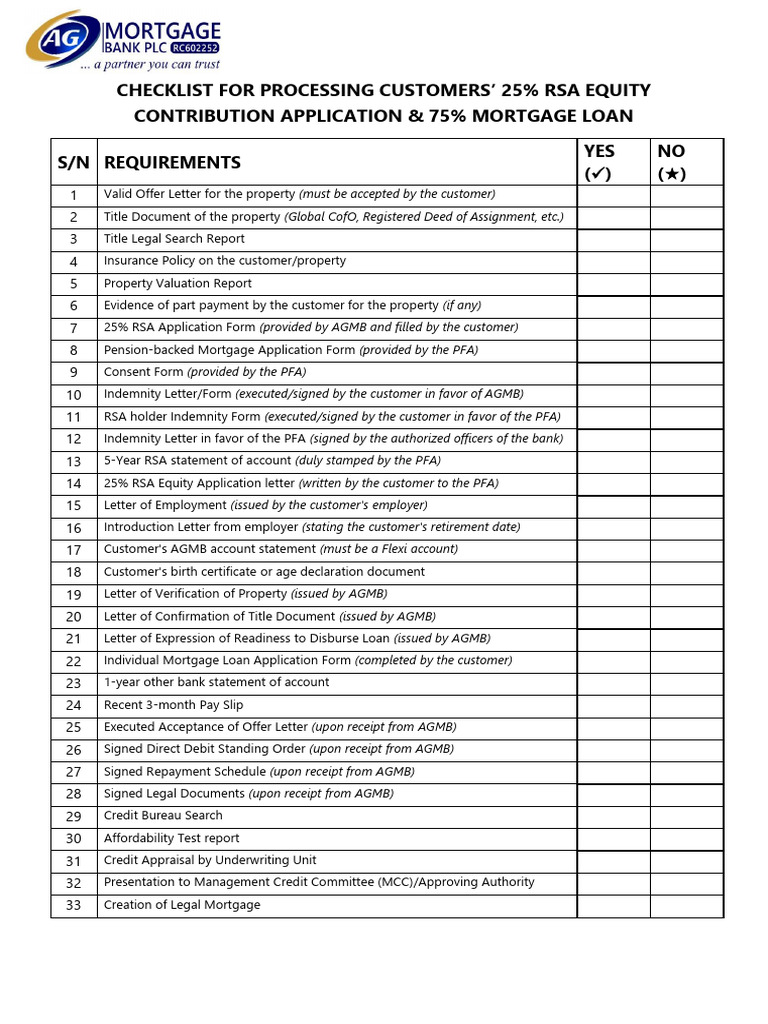Checklist For Processing Customers 25 Rsa Equity Contribution ...