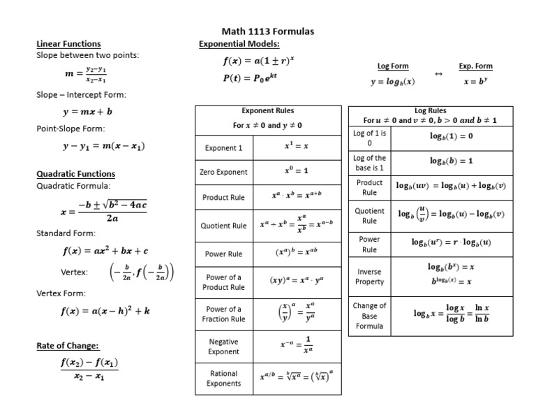 Math 1113 Formula Sheet - Ch1-4 | PDF