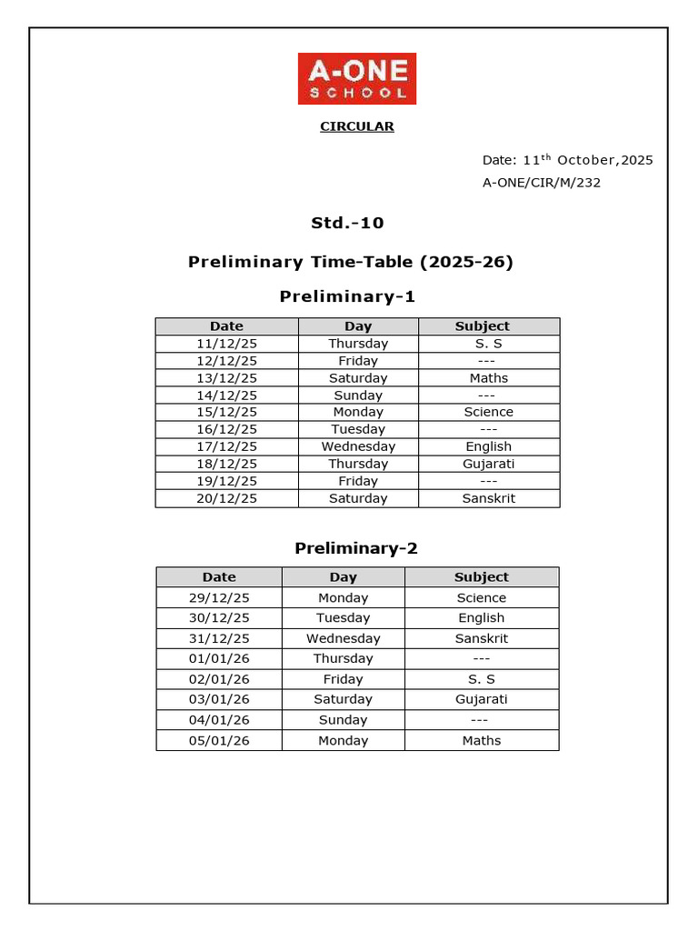 Std.-10th Preliminary Exam Time-Table | PDF
