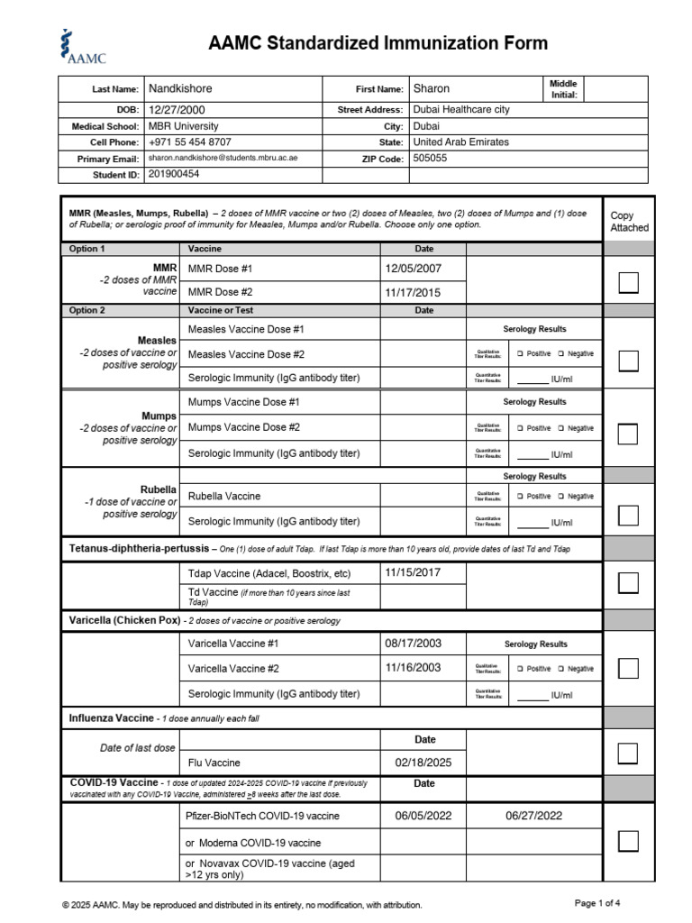AAMC Standardized Immunization Form 2025 | PDF | Serology | Human ...