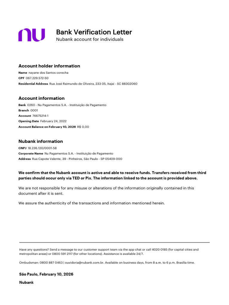 Bank Verification Letter | PDF