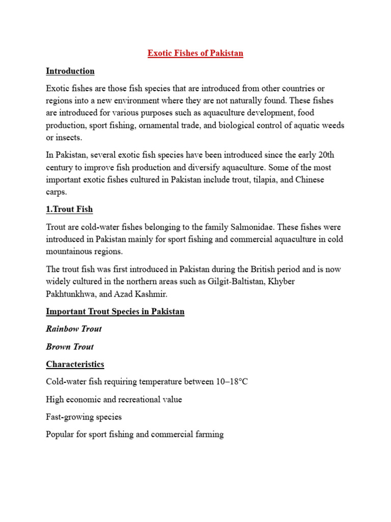 Exotic Fishes of Pakistan Notes | PDF | Aquaculture | Fish