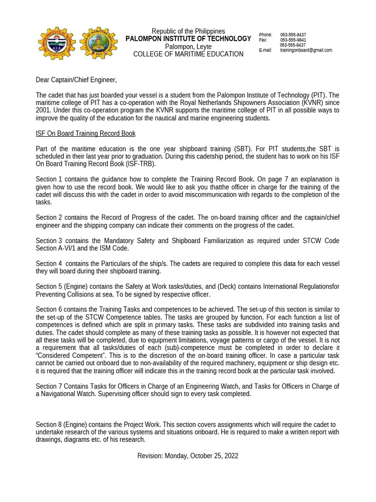 Letter Captain Chief Eng Revised May 2019-1 | PDF | Sea Captain | Shipping