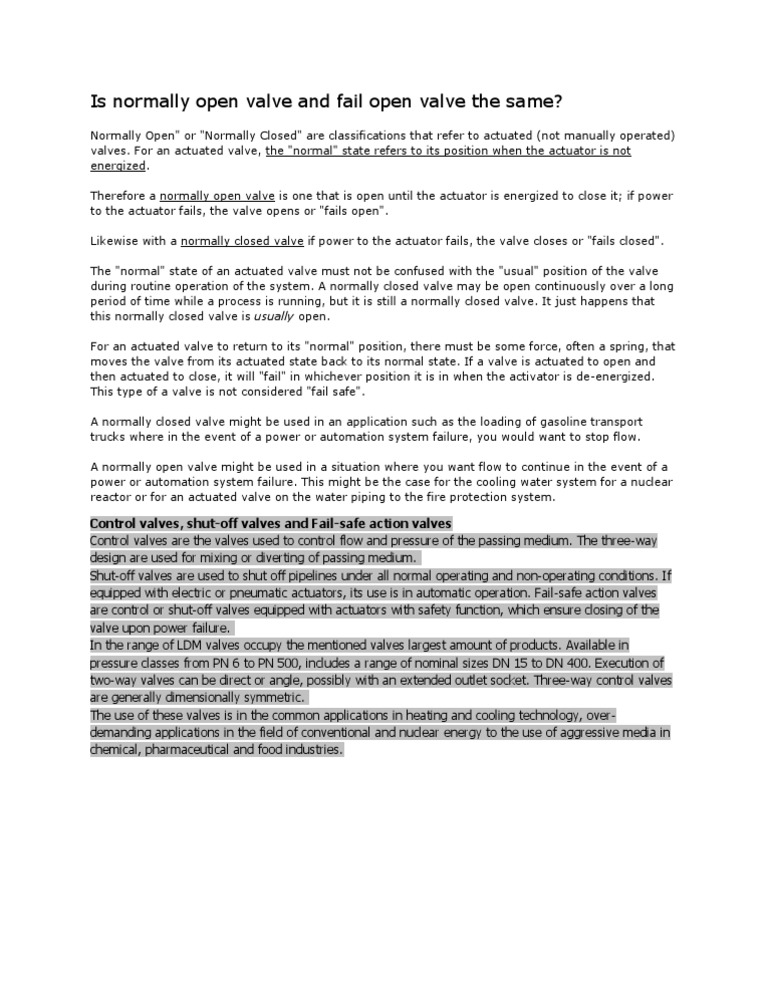 Is Normally Open Valve and Fail Open Valve The Same PDF Valve