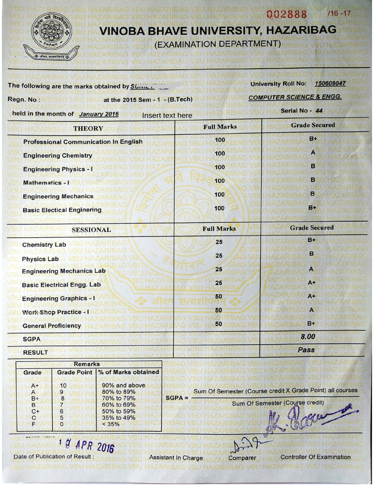 1st 6th Sem Marksheet Flat | PDF