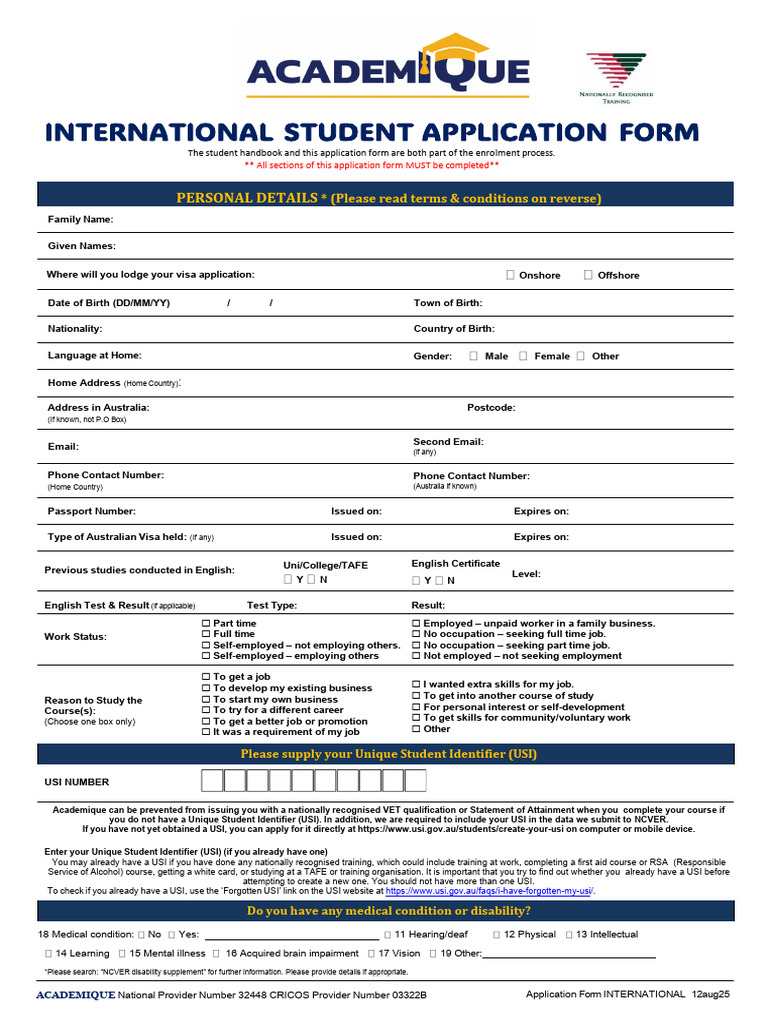 Academique Intl Appn Form 12aug25 | PDF