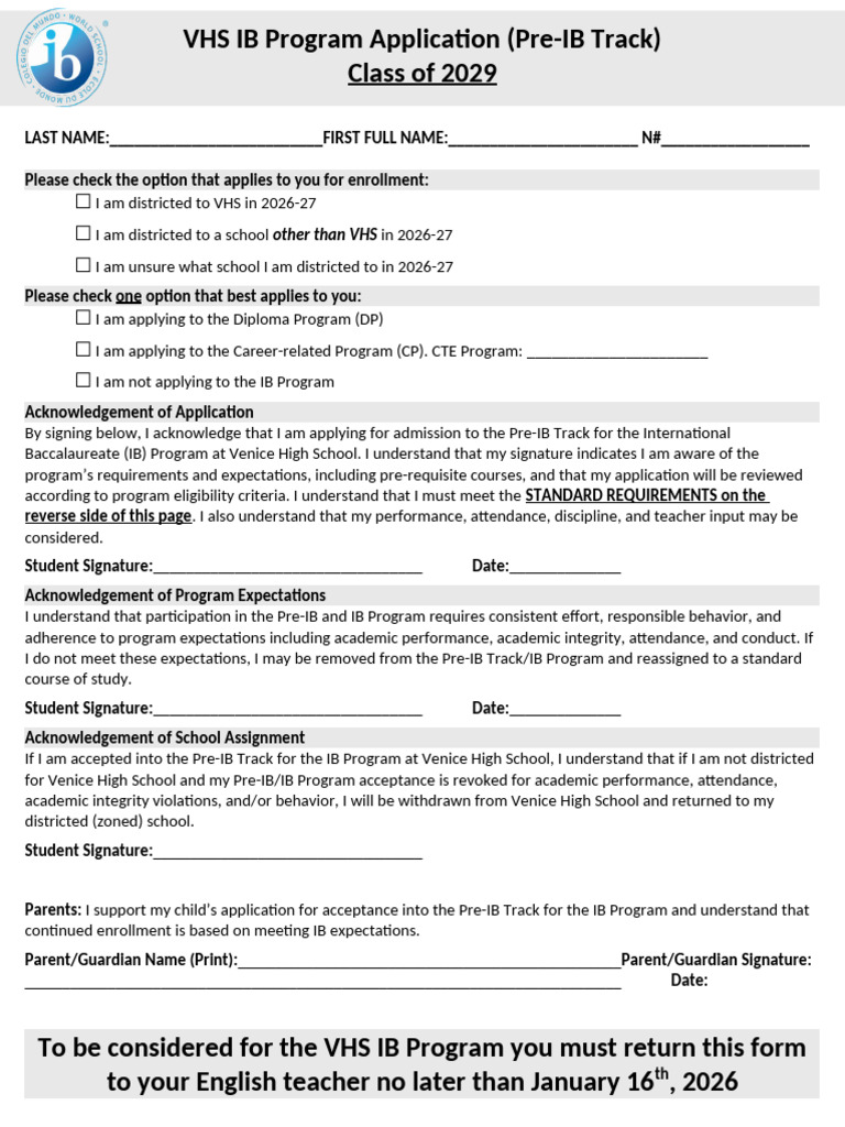 Ib Class of 2029 Application, VHS | PDF | Educational Stages