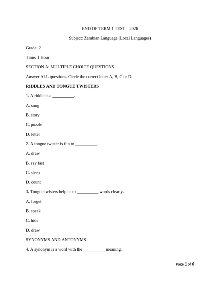 Grade 2 CBC Test Zambian Language Term 1 2026 | PDF | Plural ...